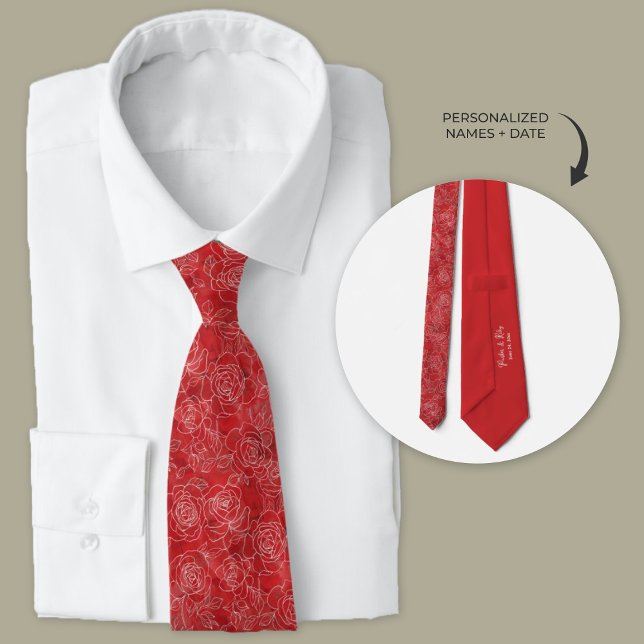 Personalized Red Roses Wedding Neck Tie (Personalized wedding neckties for groomsmen's gifts. Red tie with white rose outlines.)