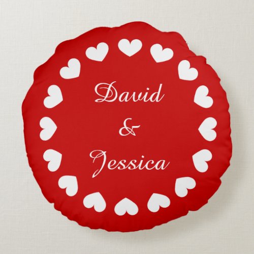 Personalized red round heart pillow for newly weds