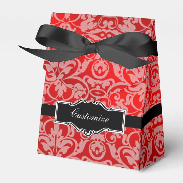 Personalized Red Satin Damask Tent Favor Box (Front Side)