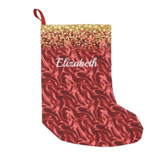 Personalized Red Satin with Gold Glitter Small Christmas Stocking