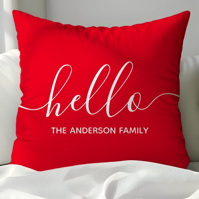 Personalized Red Script Hello Throw Pillow (Creator Uploaded)