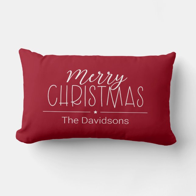 Personalized Red Script Typography Merry Christmas Lumbar Pillow (Front)