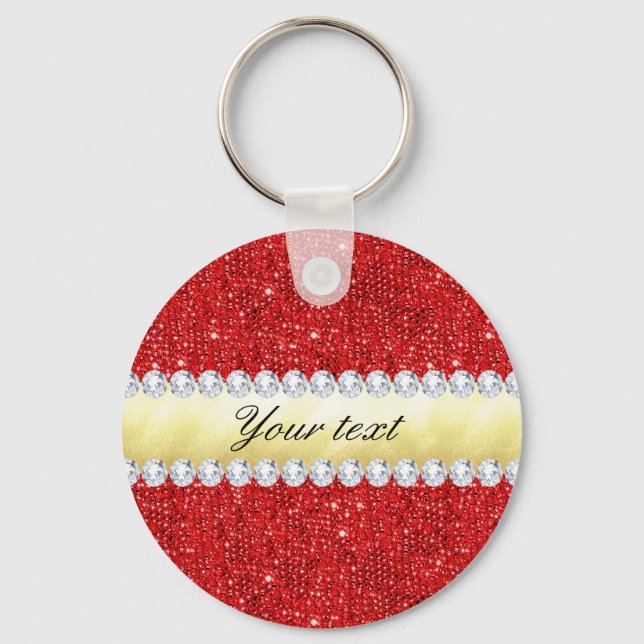 Personalized Red Sequins, Gold Foil, Diamonds Keychain (Front)