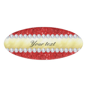 Personalized Red Sequins, Gold Foil, Diamonds Name Tag