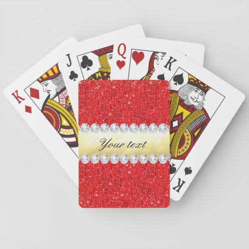 Personalized Red Sequins Gold Foil Diamonds Poker Cards