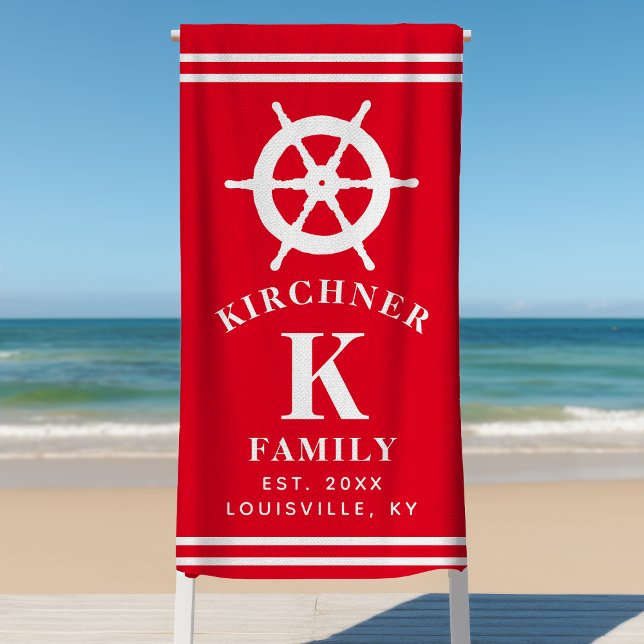 Personalized Red Ship Wheel Nautical Family Beach Beach Towel (Creator Uploaded)