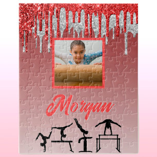 Personalized Red Silver Glitter Drip Gymnastics Jigsaw Puzzle