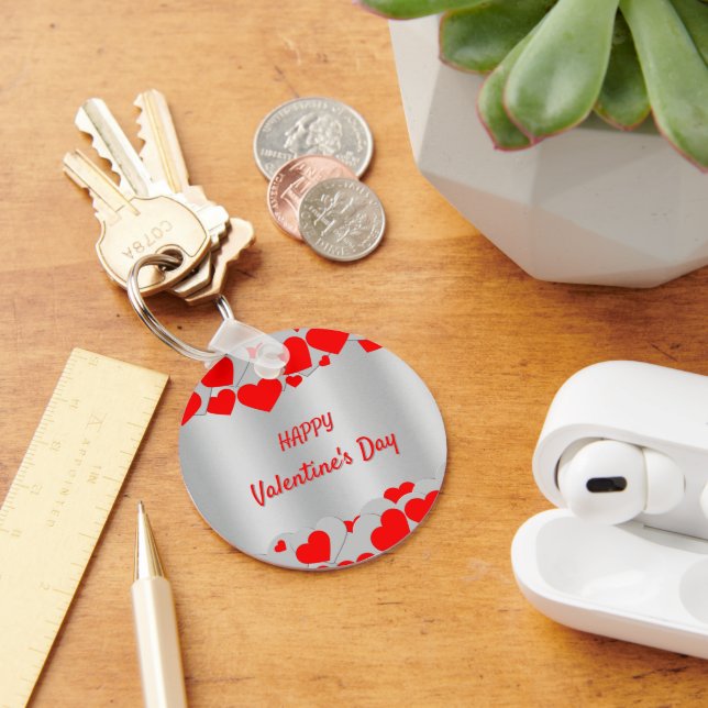  Personalized Red Silver Hearts Pattern on silver Keychain (Desk)