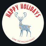 Personalized Red Snow Capped  Happy Holidays Deer Classic Round Sticker<br><div class="desc">Personalized Red Snow Capped  Happy Holidays Deer Sticker</div>