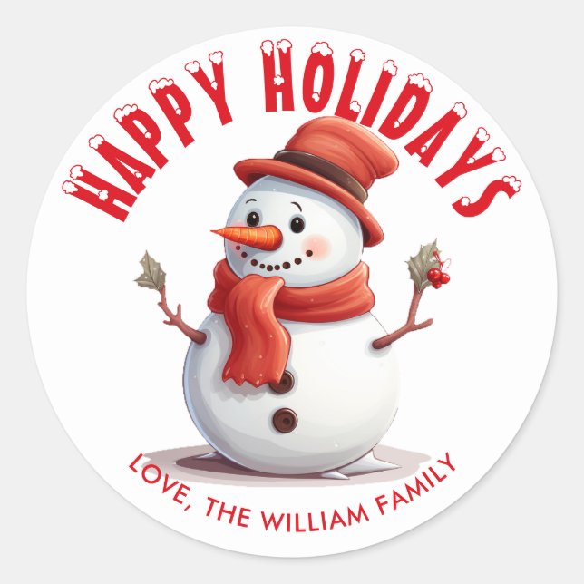 Personalized Red Snowcapped Happy Holidays Snowman Classic Round Sticker (Front)