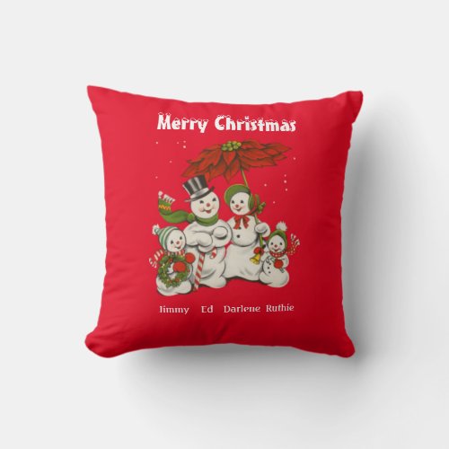 Personalized Red Snowman Family Christmas Holiday Throw Pillow