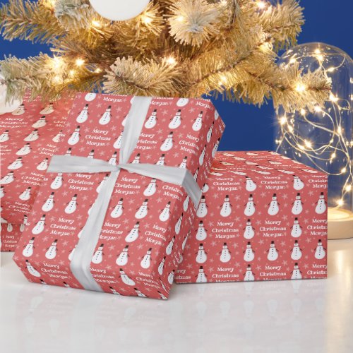 Personalized Red Snowman Snowflake Merry Christmas Wrapping Paper