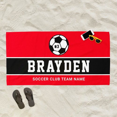 Personalized Red Soccer Player Name Beach Towel