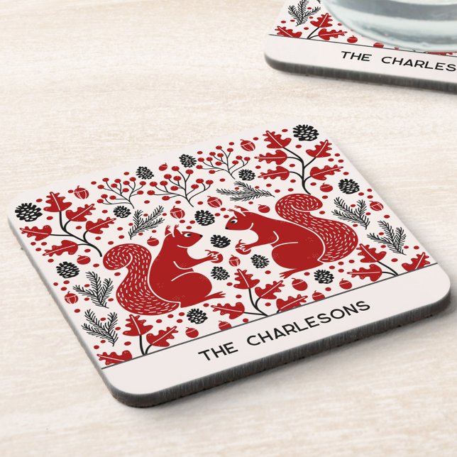 Personalized Red Squirrels in the Forest Beverage Coaster (Fun personalized name squirrell in the forest art coaster)