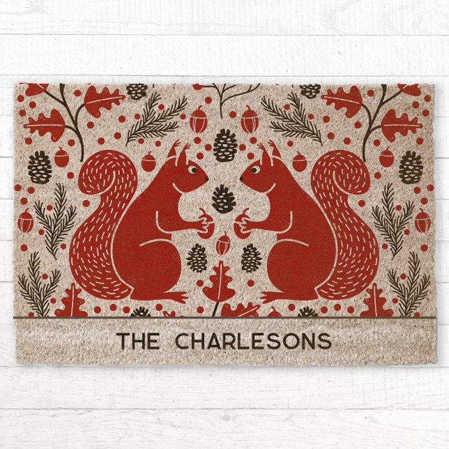Personalized Red Squirrels in the Forest Fiber Doormat (Red Squirrels in the Forest personalized family name coir doormat )