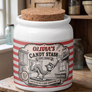 Personalized Red Stripe Vintage Cat Candy Stash Jar
