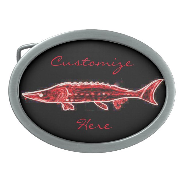 personalized red sturgeon black oval belt buckle (Front)