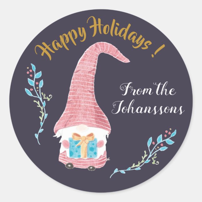 Personalized red Swedish gnome Holiday stickers (Front)
