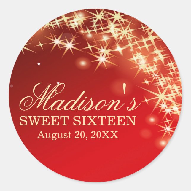 Personalized Red Sweet 16 Sticker with Gold Stars (Front)