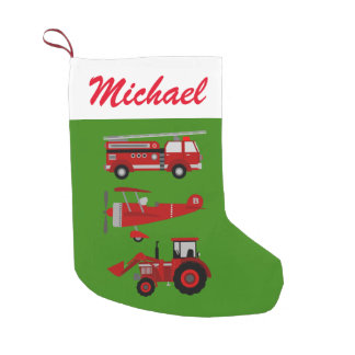 Personalized Red Toy Fire Truck, Plane and Tractor Small Christmas Stocking