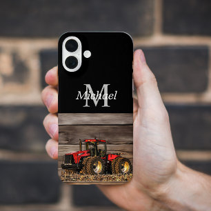 Personalized Red Tractor Cool Farm Rustic Monogram iPhone 16 Plus Case