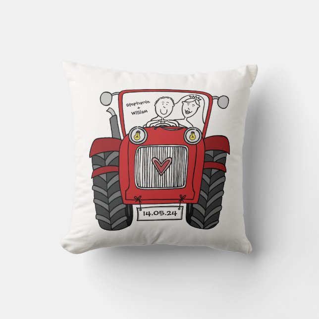 Personalized Red Tractor Country Farm Wedding Throw Pillow (Front)