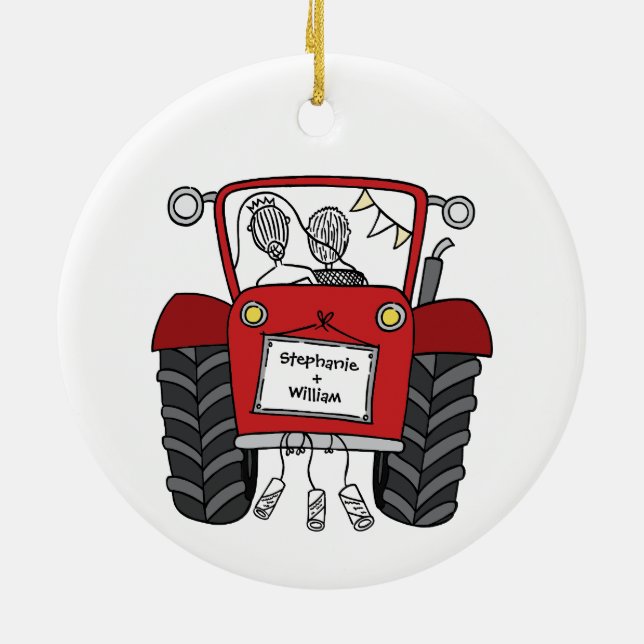 Personalized Red Tractor Country Wedding Gift Ceramic Ornament (Back)