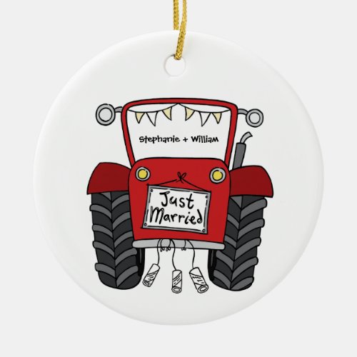 Personalized Red Tractor Country Wedding Gift Ceramic Ornament