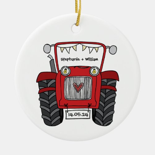 Personalized Red Tractor Country Wedding Gift Ceramic Ornament