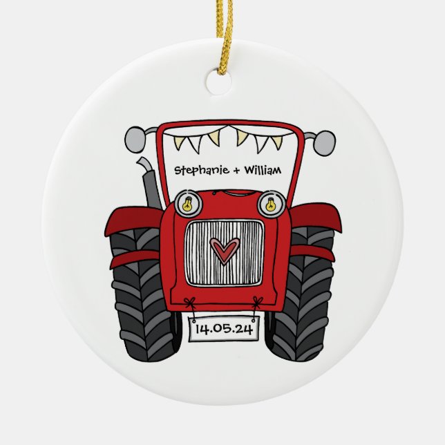 Personalized Red Tractor Country Wedding Gift Ceramic Ornament (Front)