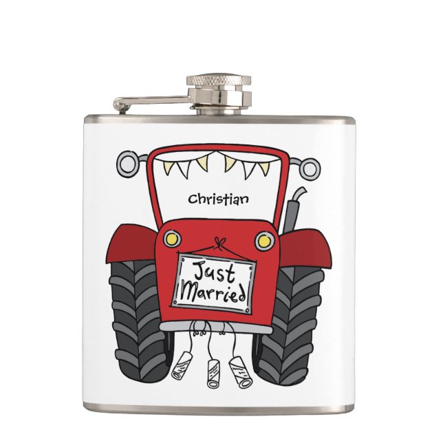 Personalized Red Tractor Country Wedding Gift Flask (Front)
