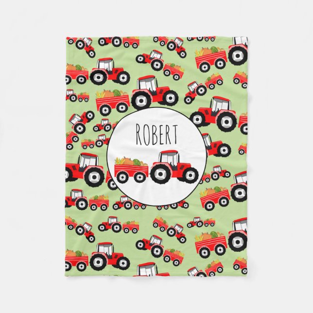 Personalized Red Tractor Truck Farm Produce Fleece Blanket (Front)