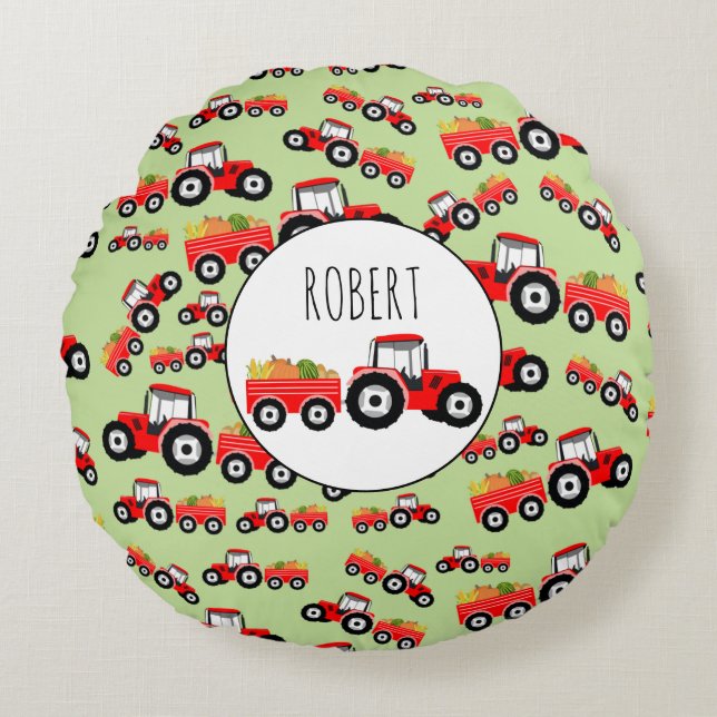 Personalized Red Tractor Truck Farm Produce Round Pillow (Front)