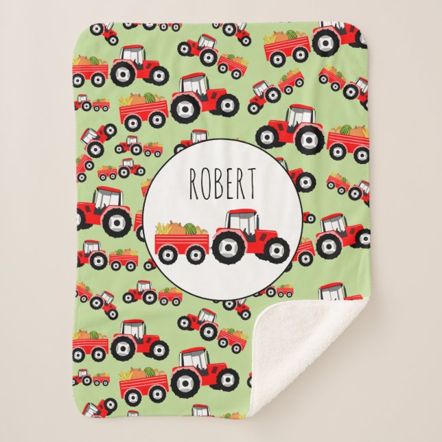 Personalized Red Tractor Truck Farm Produce Sherpa Blanket (Front)