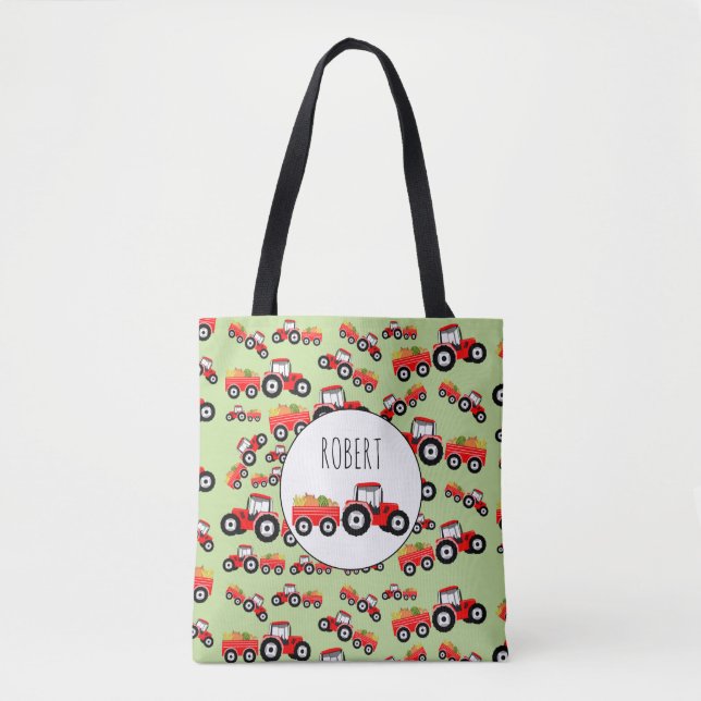 Personalized Red Tractor Truck Farm Produce Tote Bag (Front)