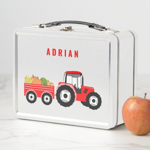 Personalized Red Tractor Truck Farm School Metal Lunch Box