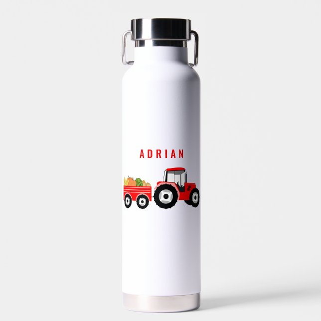 Personalized Red Tractor Truck Farm School Water Bottle (Front)