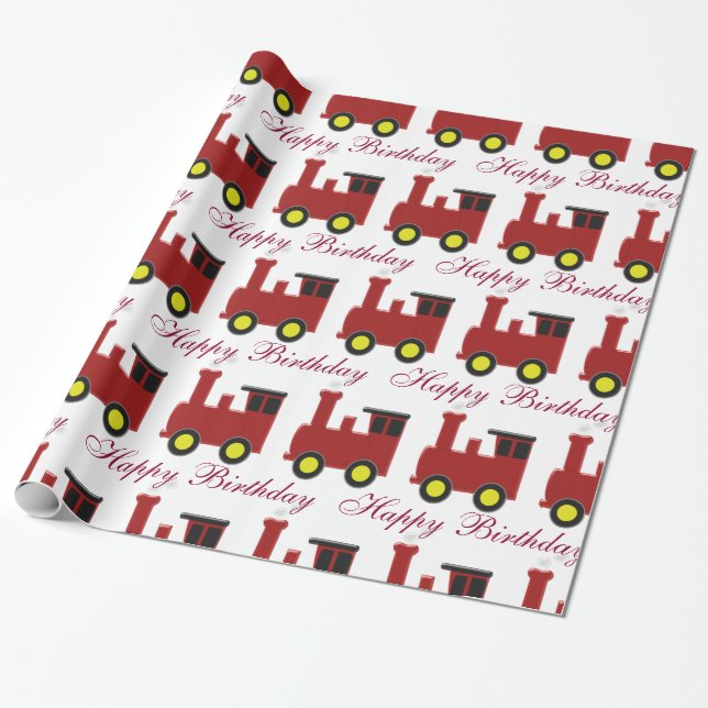 Personalized Red Train Birthday Wrapping Paper (Unrolled)