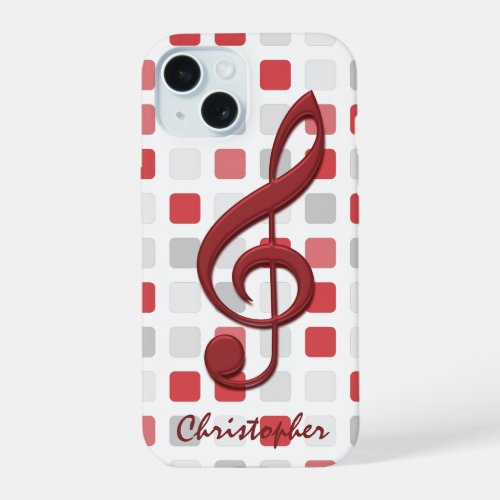 Personalized Red Treble Clef on Red Gray Mosaic iPhone 15 Case