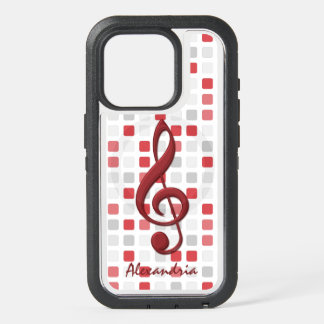 Personalized Red Treble Clef on Red Gray Mosaic iPhone 15 Pro Case