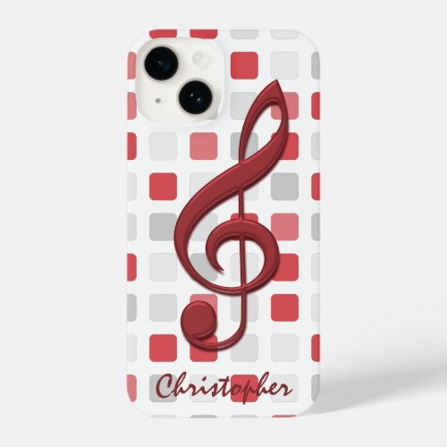 Personalized Red Treble Clef on Red Gray Mosaic iPhone 14 Case