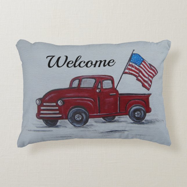 Personalized Red Truck American Flag Pillow (Front)