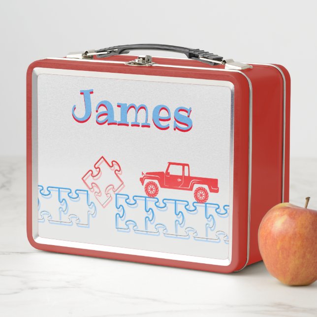 Personalized Red Truck And Puzzle Metal Lunch Box (In Situ)