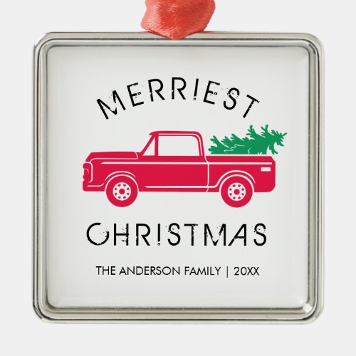 Personalized Red Truck Merriest Christmas Metal Ornament