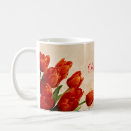 Personalized red tulips on lace background coffee mug