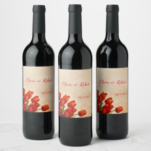 Personalized red tulips on lace background wine label