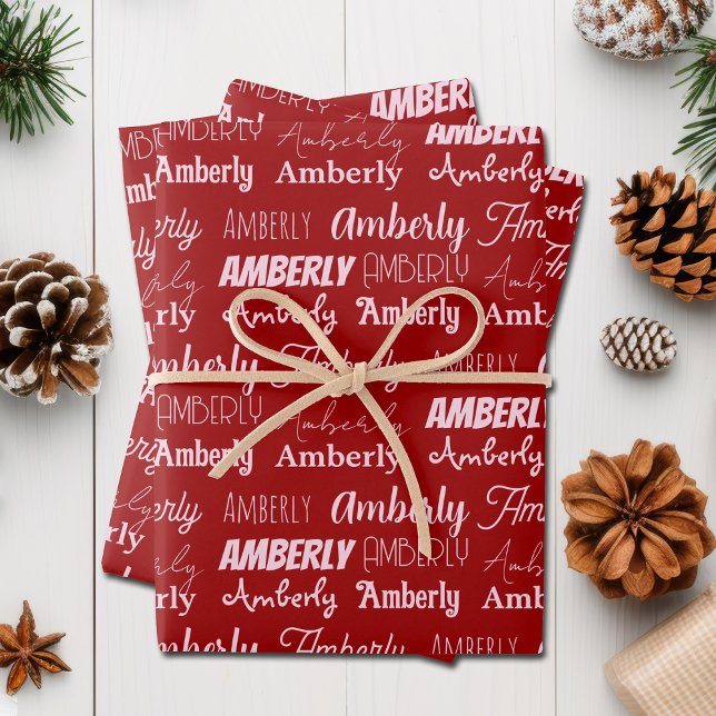 Personalized Red Typography Name Collage Christmas Wrapping Paper Sheets (Creator Uploaded)