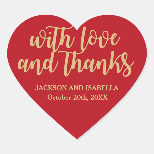 Personalized Red Wedding Heart Sticker, Gold Text Heart Sticker (Front)