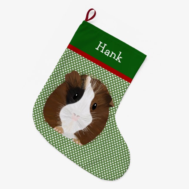 Personalized Red, White And Black Guinea Pig Large Christmas Stocking (Front (Hanging))