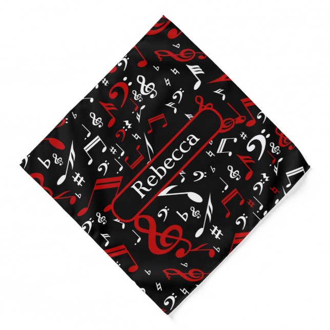 Personalized Red White and Black Musical Notes Bandana (Front)